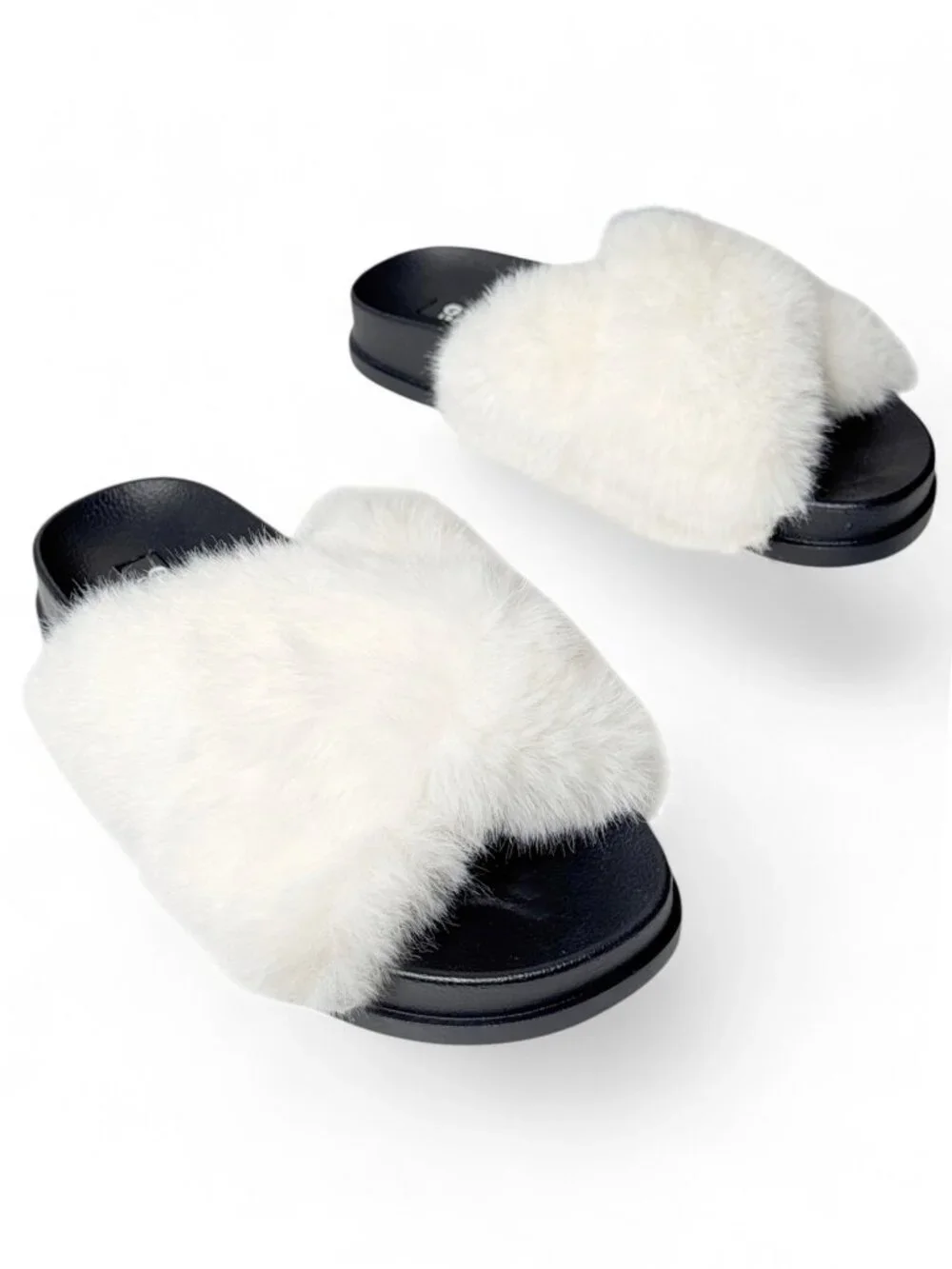 GUESS LOS ANGELES FAUX FUR SLIDES SANDAL CREAMY WHITE FLIRTY SUMMER GLAM NEW 7